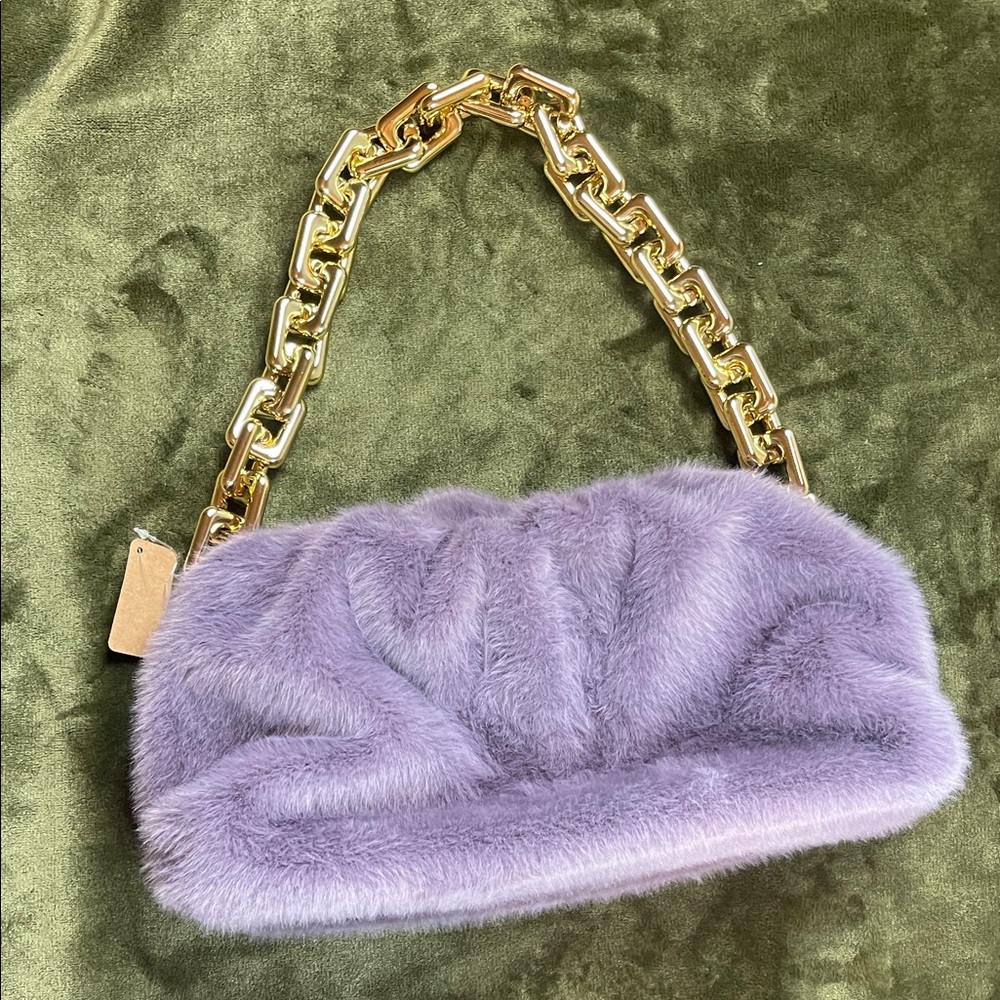 Elegant Faux Fur Chain Shoulder Bag - Purple